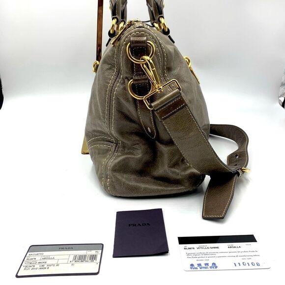 Auth PRADA Vitello Shine Bauletto Leather Tote Bag in Pomice Preloved Very Good - Picture 11 of 15